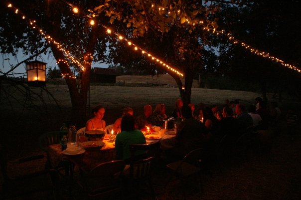 A twilight view of our annual Dinner in the Orchard at our home in Jackson, CA.